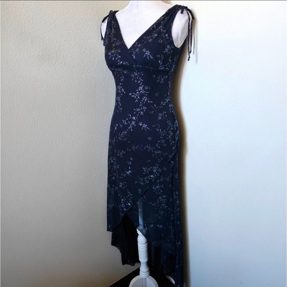 Ruby Rox Navy Blue Glitter Floral High Low Maxi Dress